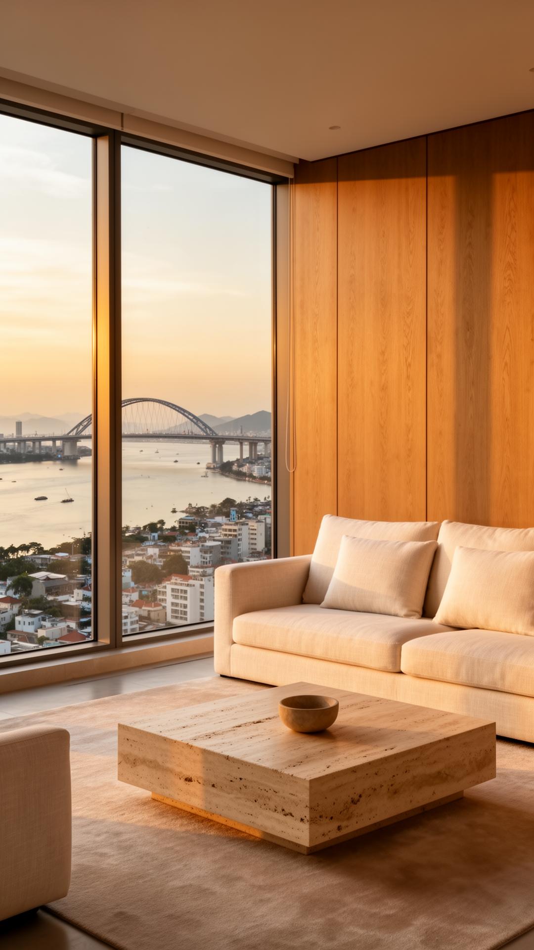 Phòng khách căn hộ Sun Cosmo Đà Nẵng — view sông Hàn lúc hoàng hôn